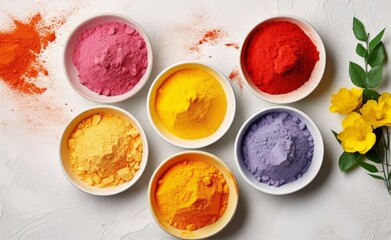 Happy Holi decoration. Top view of colorful holi powder on white background. Hindu spring festival of colours. Top view of traditional holi paint in bowls isolated on white