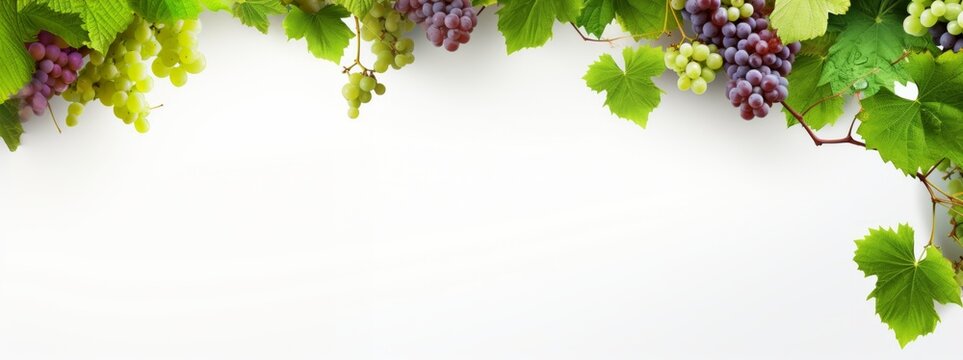 grapevine fruits and leaves as border on white background with copy space