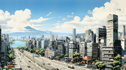 Painting panorama of a Metropolitan city near the Mountain