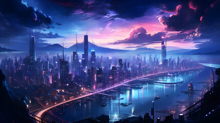Neon Dreamscape, Cyberpunk High-Tech City at Dusk