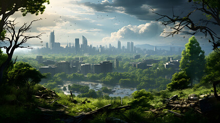 Post-apocalyptic cityscape that has been taken over by nature