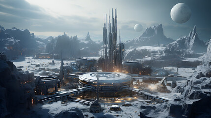 Futuristic concept art of an alien colony on an icy planet