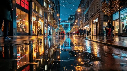 Fototapeta na wymiar Bustling city street at night during a rainy evening with illuminated shops