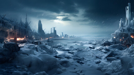 Abandoned city during a severe snowstorm