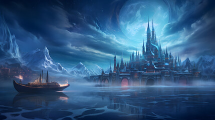 sailboat at night, cityscape