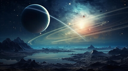  Landscape with Saturn planet in sky with stars