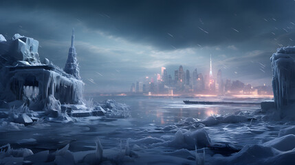 city during a snowstorm, the warmth of the city lights 