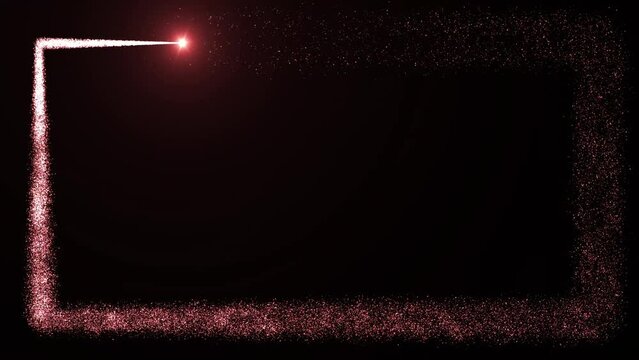 Bright light source draws a rectangular frame of red particles on a dark background. Animation with free space in the middle . Animation can be overlay or add to any video to make the background