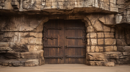 Fototapeta na wymiar Large wooden door open in rock castle wall
