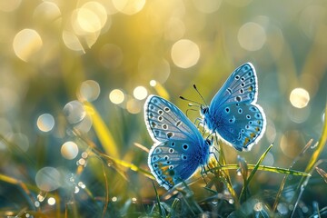 Two blue butterflies Polyommatus icarus in nature outdoors. Butterflies on a spring summer meadow in sunlight in lush grass, macro.high-resolution