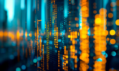 Digital data flowing through cyberspace with glowing orange and blue numbers against a deep, shadowy background