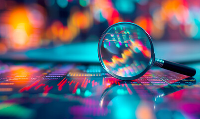 Background of a magnifying glass focusing on vibrant stock market charts. 