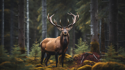 Naklejka na ściany i meble Largest brown Elk with horn standing in the foresT