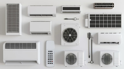 Fototapeta premium Air heat pump and conditioners and other appliances collection, 3d illustration