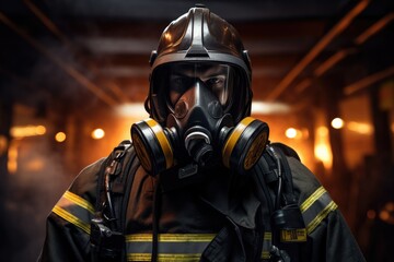 A firefighter wearing a gas mask stands in a dimly lit room, prepared for hazardous conditions.