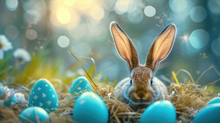 Soft bunny ears peek out amidst a nest of delicate blue speckled Easter eggs on a teal background