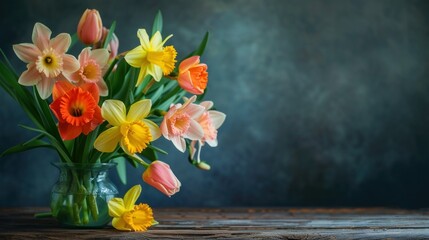 A vibrant floral arrangement of daffodils and tulips on a rustic wooden table.