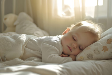 Obraz na płótnie Canvas cute little baby sleeping on a pillow, warm soft bed. Daylight, morning, cozy, evening. Toddler, kid