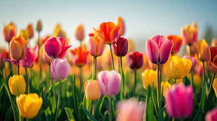 A field of colorful tulips against a clear, sunny sky.