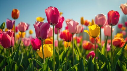 A field of colorful tulips against a clear, sunny sky.