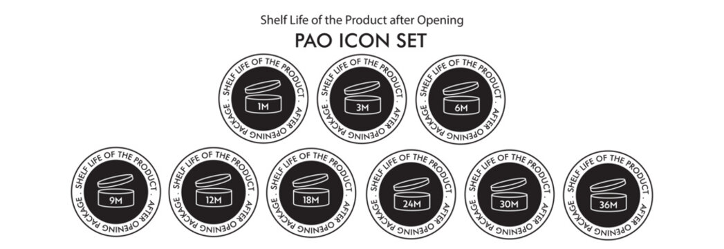Period after opening use icons. PAO icons Expiration date 1-36 months of product signs symbols. Shelf life of grocery items. Design elements vector for business use 