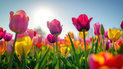A field of colorful tulips against a clear