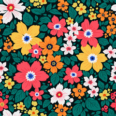 Fototapeta na wymiar Cute floral pattern in small flowers and leaves. Delicate colorful flowers. Black background. Liberty retro print. Floral seamless background. Elegant template for fashion prints. Stock pattern.