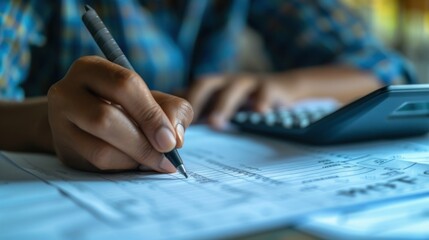 Close-up of hands writing and calculating numbers on a tax form.