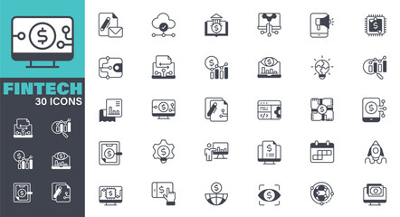 Fintech Icons set. Solid icon collection. Vector graphic elements, Icon Symbol, Stock Market and Exchange, Financial Technology, Icon Set, Technology, Business