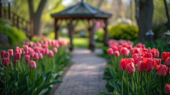 A pathway lined with tulips leading to a quaint garden gazebo.