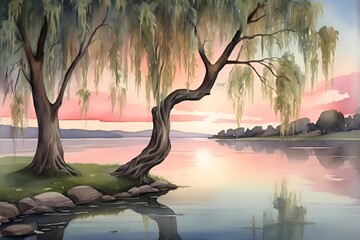 A watercolor illustration of a weeping willow tree by a serene lake at dusk