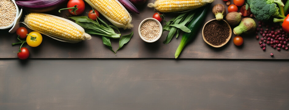 Wide view from above banner image of Vegetarian Day food banner with different types of vegetables and fruit items in a manner on black color wooden table mockup