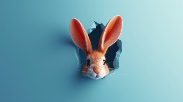 Curious Rabbit Peering Through Hole, A rabbit's face and ears peek through a torn hole against a one-color background, easter theme