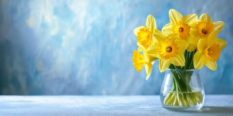 A bouquet of yellow daffodils in a glass jar,Web banner, backdrop, background graphic - obrazy, fototapety, plakaty
