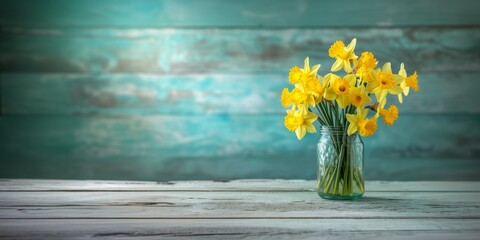 A bouquet of yellow daffodils in a glass jar,Web banner, backdrop, background graphic