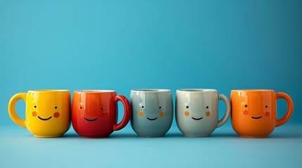 Cheerful collection of colorful mugs with smiling faces on a bright background - obrazy, fototapety, plakaty