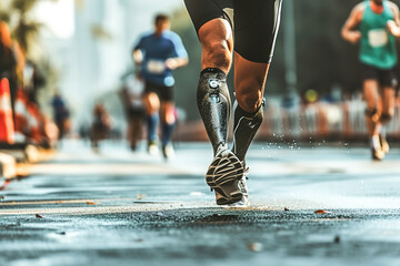 An individual with bionic legs confidently participating in a marathon, biomechanical enhancements on mobility.