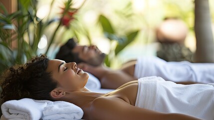 A content couple relaxes on massage tables at a serene spa, exuding tranquility