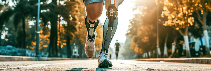 An individual with bionic legs confidently participating in a marathon, biomechanical enhancements...