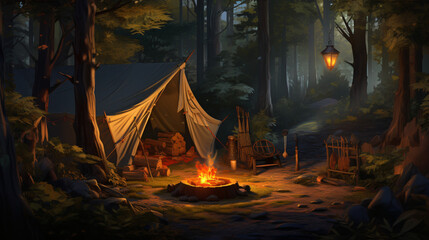  Outdoor tent scene in the forest