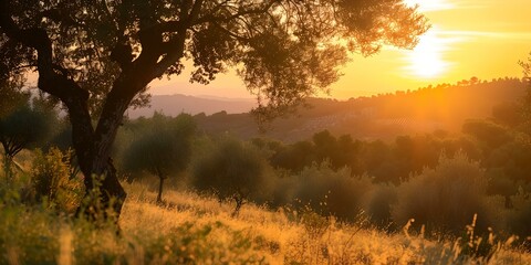 Tranquil sunset over rolling hills with golden light piercing through a solitary tree. nature's beauty captured in a serene style. perfect for wallpaper or background. AI
