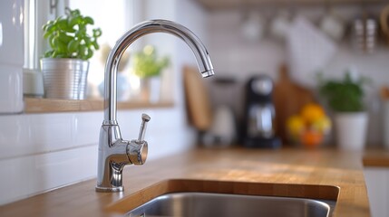 Elegant kitchen faucet curves above sink in a modern home with a warm ambiance.