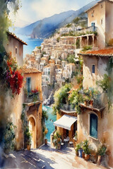 Picturesque Coastal Village, Watercolor - obrazy, fototapety, plakaty