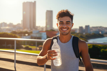 A man stands outdoors holding a water bottle while smiling.