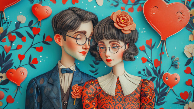 A couple of articulated dolls in glasses hug against a background of hearts.