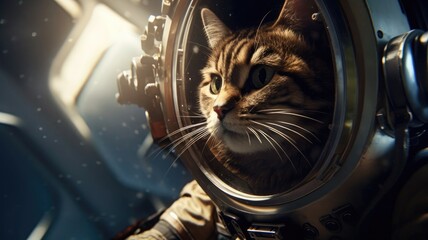 Astronaut cat in a spacesuit against the background of space. A fantastic illustration. - obrazy, fototapety, plakaty