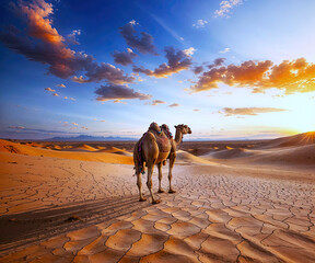 camels in the desert - obrazy, fototapety, plakaty