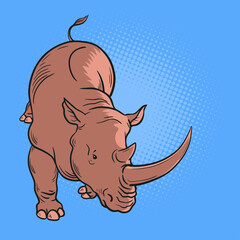 African animal rhinoceros. Big herbivorous mammal with a horn on its nose. Topics about animals and zoo. Cartoon vector illustration. Hand drawn outline