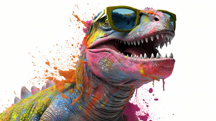 T Rex wearing sunglasses splatter paint