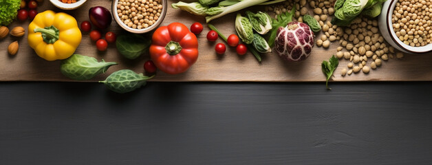 Wide view from above banner image of Vegetarian Day food banner with different types of vegetables...